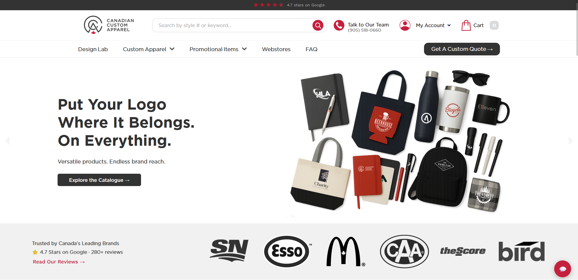 Canadian Custom Apparel website homepage